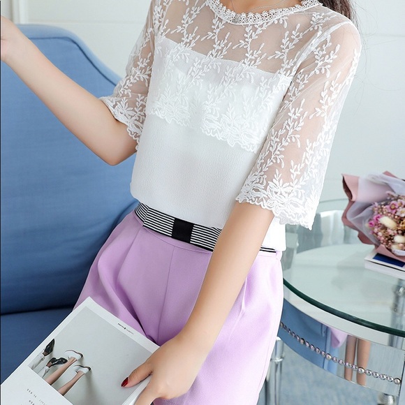 Women Tops/Blouse Elegant Embroidery Lace Chiffon - Picture 3 of 8